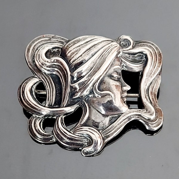 Antique Original Art Nouveau Sterling Silver Lady Repousse Large Ladies Head Pin Brooch / William Kerr Design Sterling Brooch
