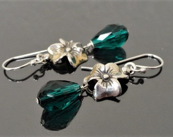 Vintage Sterling Silver Art Deco Frangipani Flower Emerald Crystal Earrings Conversion Upcycled Jewelry Dangle Earrings Gift for Her