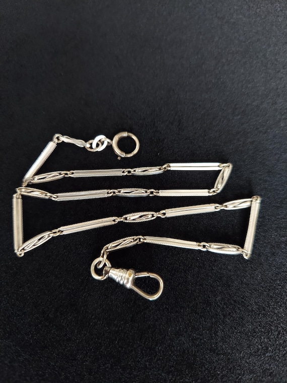 Antique Watch Chain 13.5", KREMENTZ White Gold Filled Watch Chain, Fancy Link Chain , Layering Necklace, Dog clip swivel clasp