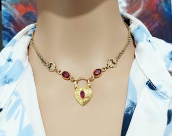 Art Deco 15.5" Gold Filled Watch Chain Necklace with Ruby Padlock Heart Clasp Fancy Link Chain