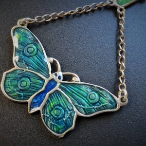 Antique Victorian Style Reproduction Lavalier Sterling Silver Art Nouveau Enameled Butterfly Arts and Crafts Pendant Necklace