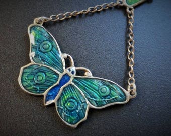 Antique Victorian Style Reproduction Lavalier Sterling Silver Art Nouveau Enameled Butterfly Arts and Crafts Pendant Necklace