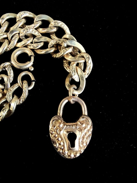 Antique Charm Bracelet,  Heart Padlock, Repousse,… - image 2
