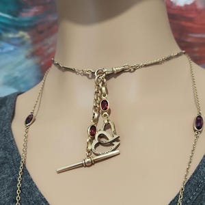 Victorian Charms, Antique Gold Filled Charms Watch Fob Pendants Garnet Double Heart T Bar