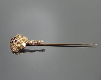 Antique 10k Rare Diamond Ruby Art Nouveau Ladies Head Pearl Stick Pin
