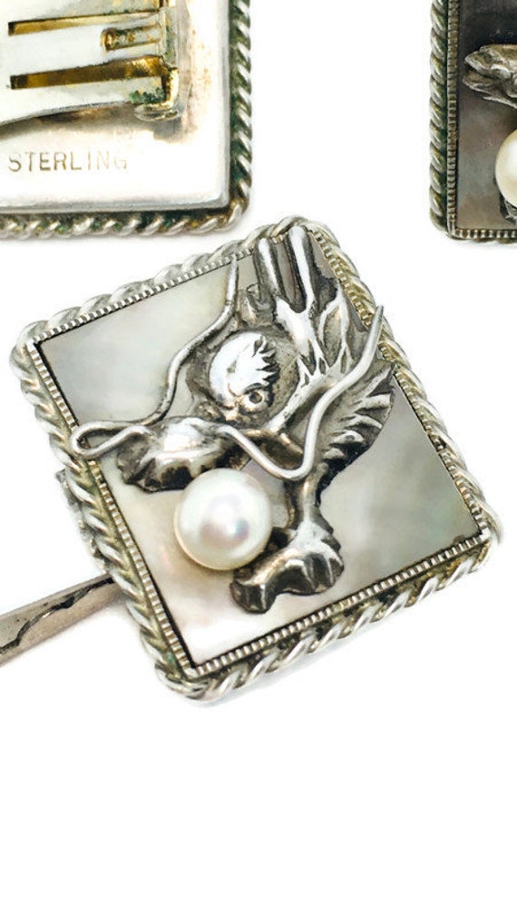 Art Deco Sterling Dragon Pearl Earrings Tie Bar Cl