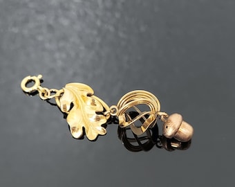 Antyczny wisiorek z breloczkiem, wiktoriański wisiorek z liściem dębu, żołędziem, ozdobny wisiorek z breloczkiem do zegarka
