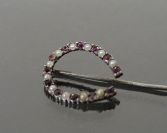 Antique Vintage Equestrian Horseshoe Rhinestone Pearl Stick Pin / Collar Pin / Lapel Pin