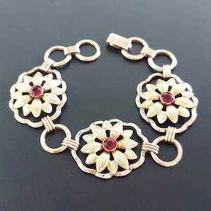 Art Deco Bracelet 12k Gold Filled Sterling Vintage Faux Ruby Floral Bracelet