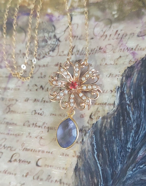 10k Gold Ruby Seed Pearl Pendant / Antique Gold P… - image 1