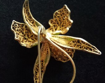 Broche Ancienne En Filigrane Argent 800‰ - Motif Orchidée, Vintage
