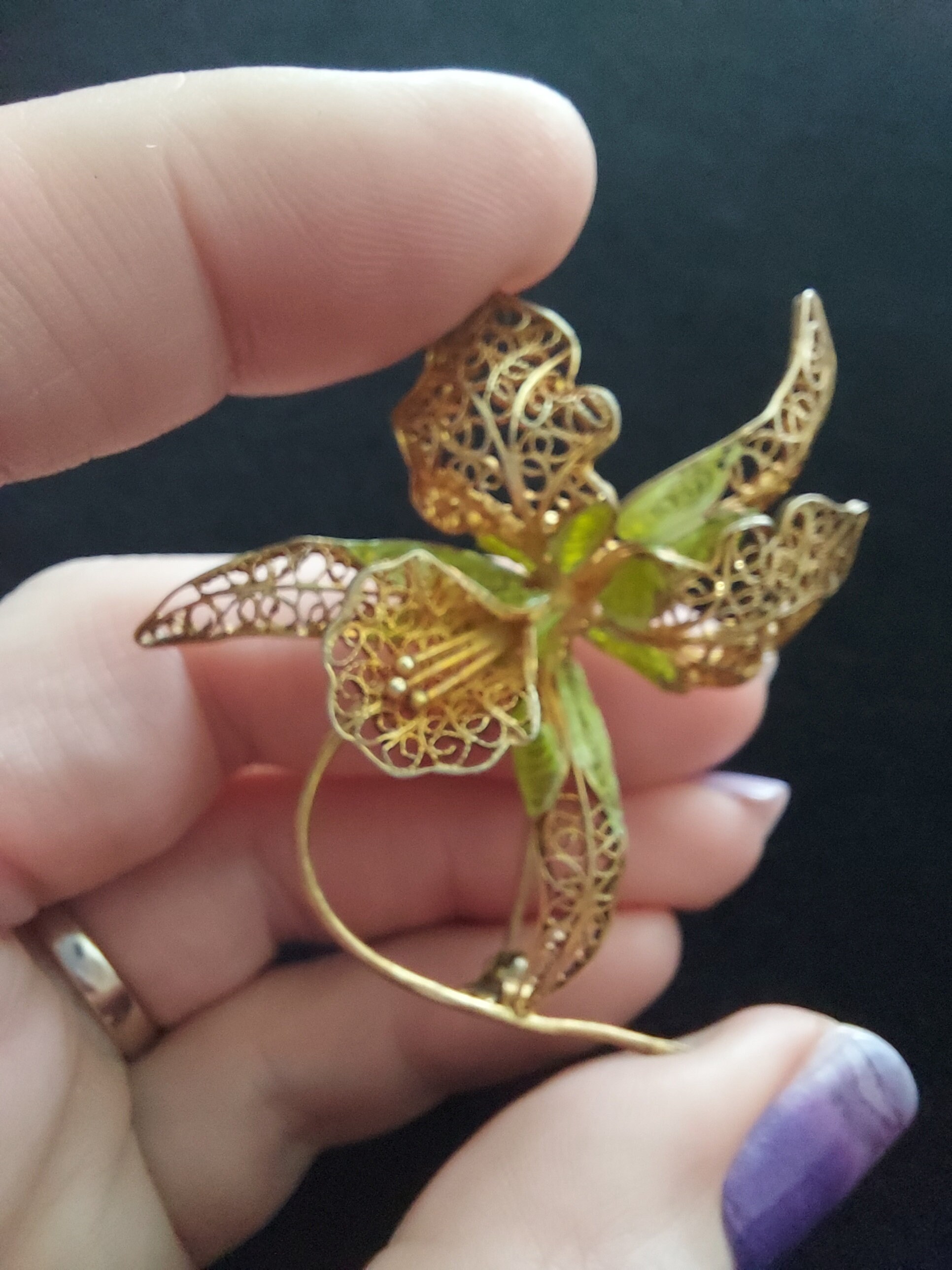 Broche Ancienne En Argent Filigrané Motif Orchidée - Poinçon 925 - Occasion Bon état