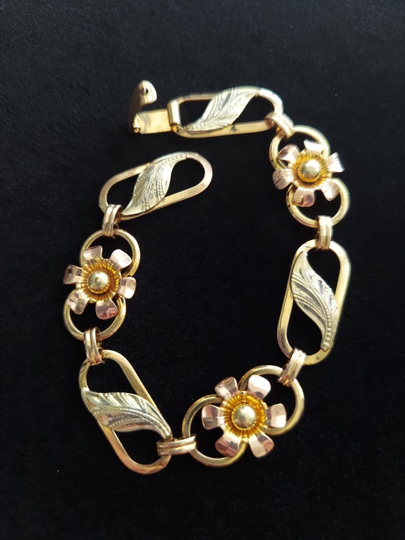 Van Dell Rose And Yellow Gold Filled Flower Brace… - image 1