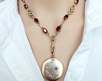 Antique 17" Watch Chain Necklace, Gold Filled Seed Pearl Necklace , Fancy Link Chain,  Antique Locket Holder, Dog Clip Clasp, Gift for Her