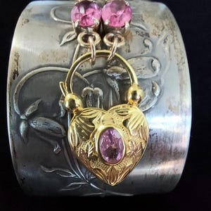 Art Deco Gold Filled Watch Chain Bracelet with Pink Sapphire Padlock Heart Clasp Fancy Link Chain