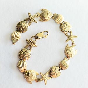 14k Solid Gold Seashell Bracelet with Lobster Clasp, Sand Dollar, Starfish, Fish, Clam Shell