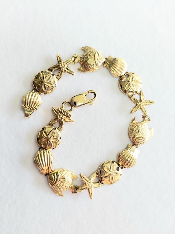 14k Solid Gold Seashell Bracelet with Lobster Cla… - image 1