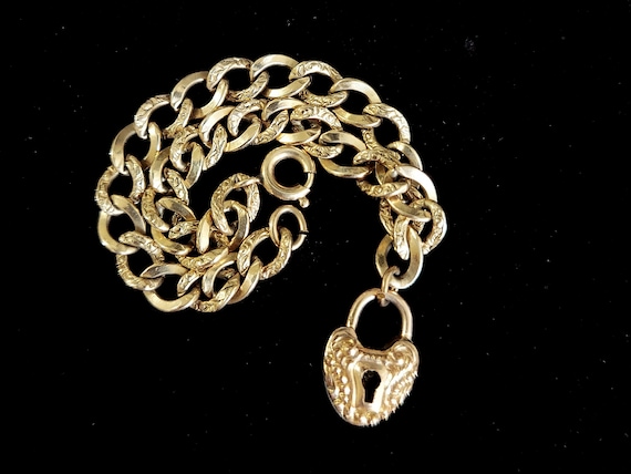 Antique Charm Bracelet,  Heart Padlock, Repousse,… - image 1