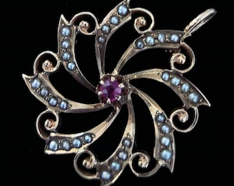 Antique Ruby Pearl 10k Pendant, Pin Wheel Pendant, Antique Conversion