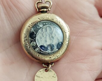 Antique Pocket Watch Pendant with Sterling Silver Paste Stone Crescent Moon / Iolite Shaker Locket / Antique Gold Filled Chain