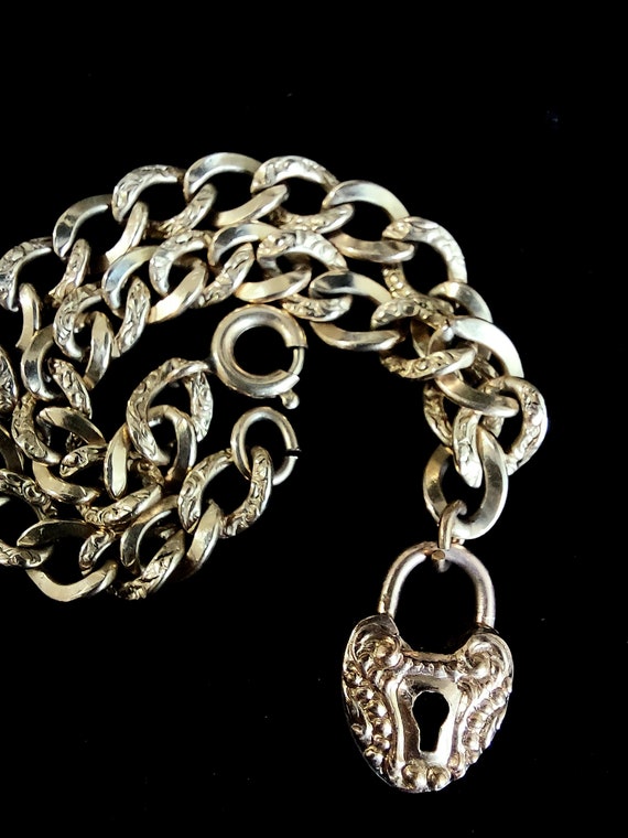 Antique Charm Bracelet,  Heart Padlock, Repousse,… - image 5
