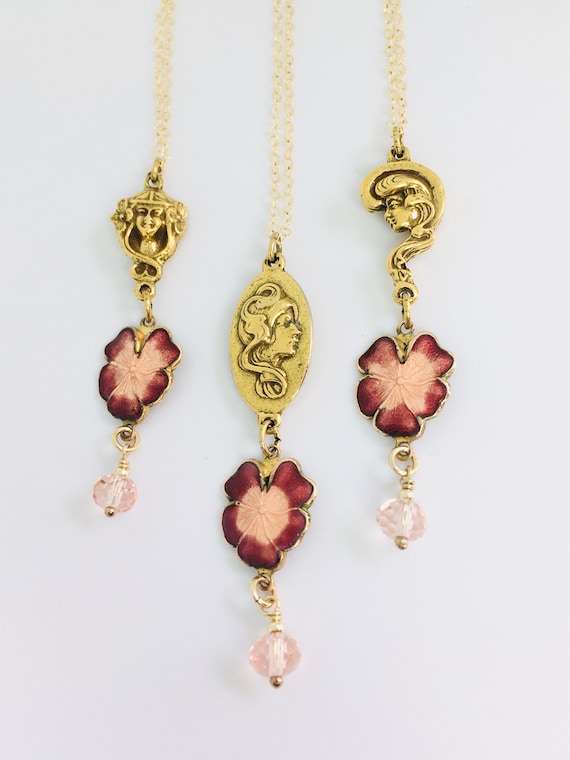 Art Nouveau Gold Filled Necklace / Enamel Flowers