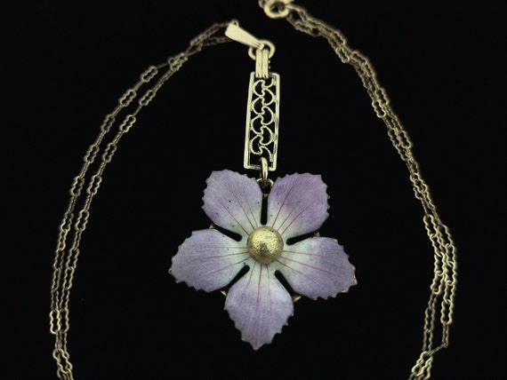 Victorian Enamel Flower Pendant, Antique Gold Fil… - image 3