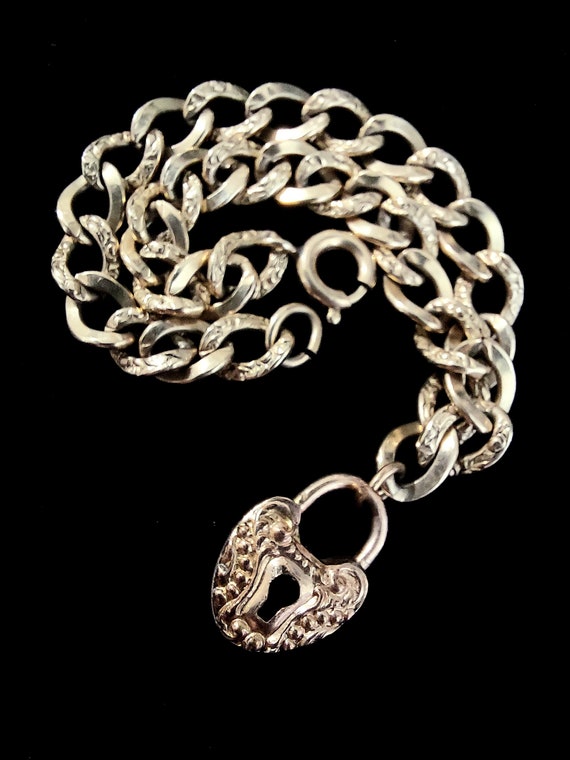 Antique Charm Bracelet,  Heart Padlock, Repousse,… - image 3