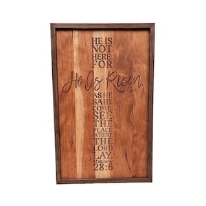 He Is Risen Framed Cross | Matthew Scripture | Engraved on Cherry Wood