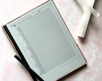 May include: A black and white habit tracker on a white e-reader with a black stylus. The tracker is labeled "Monthly Habit Tracker" and includes a list of habits to track, such as "Drink Water", "Meditate", and "Read a Book".