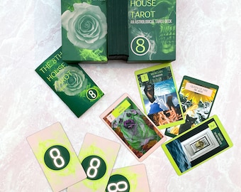 May include: A green tarot deck with the title "The 8th House Tarot: An Astrological Tarot Deck" and a skull graphic. The deck is laid out on a pink surface with several cards from the deck, including the Queen of Fire, the Moon, and the Magician.