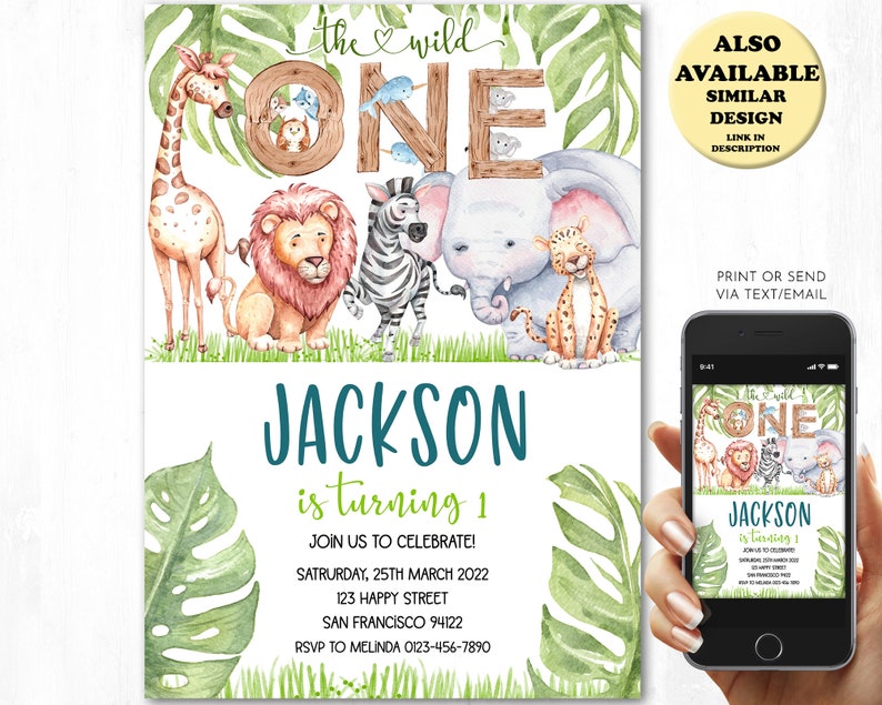 wild animals printable template digital BD006 Editable Born Two Be Wild birthday invitation Safari Party Animals birthday invite