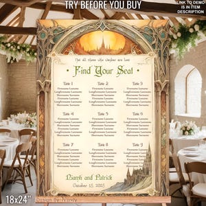 May include: A wedding seating chart with a whimsical, medieval-inspired design. The chart features a castle illustration and the text "Not all those who wander are lost. Find Your Seat." with a list of tables and guest names.