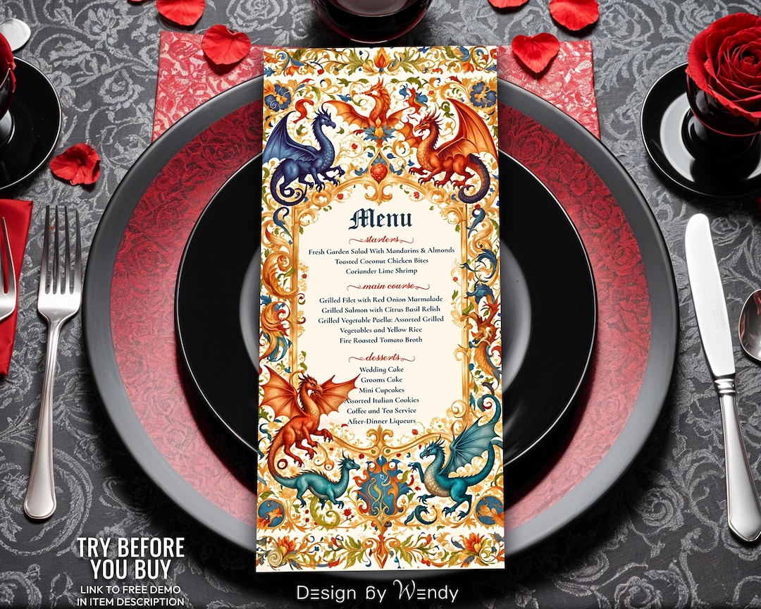 Menu Template, Medieval Fantasy Wedding Menu. Dragons Ancient ...