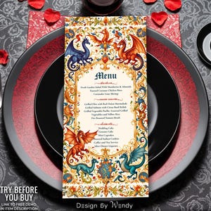 Menu Template, Medieval Fantasy Wedding Menu. Dragons Ancient Manuscript Editable Dinner Menu with Medieval Fantastic Beasts F04
