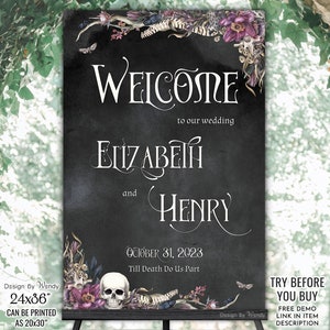 Editable Dark Wedding Welcome Sign. Moody Halloween Sign Template. Till Death Do Us Part Wedding Sign with Skull, Snake and Bones G32