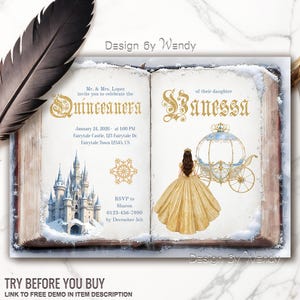 Fairytale Book Invitation. Editable Gold Princess Quinceanera Invite. Winter Sweet 16 Fairytale Invite Template. Edit Yourself F09
