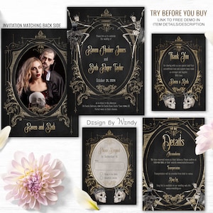 Editable Dark Wedding Invitation Suite with Dancing Skeletons. Gothic Wedding Invitation Set Template. RSVP, Thank You, Save the Date G44