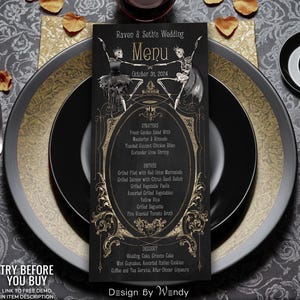 Macabre Menu Template, for Gothic Halloween Wedding Dinner. Gold Frame & Dancing Skeletons Slim Menu 4x9&quot;. Wedding Dinner Menu G44