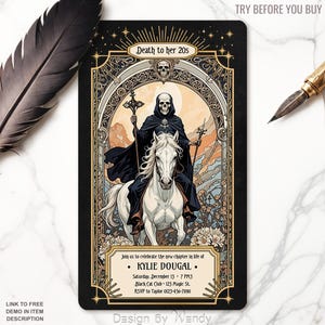 Editable 30th Birthday Invite Template, Tarot Card Death. Art Nouveau Tarot Card Invitation. Death of Her Youth, 30th Birthday T01