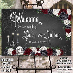 Gothic wedding sign, red and black roses and skull. Digital gothic wedding signage, printable welcome sign. Victorian wedding G22