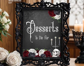 Gothic Desserts Schild, rote und schwarze Rosen mit Totenkopf. Sofort Download Zeichen. Halloween Party Hochzeit Desserts Würfel für Tischschild G22