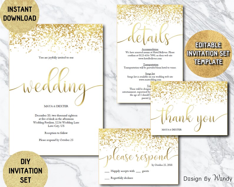 Gold Wedding Invitation Editable Template Modern Calligraphy Etsy