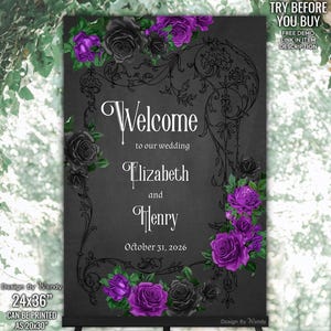 Editable Gothic Wedding Sign, Digital. Purple and Black Roses. Victorian Vignette Wedding Welcome Signage Template. Black Hallowedding G04
