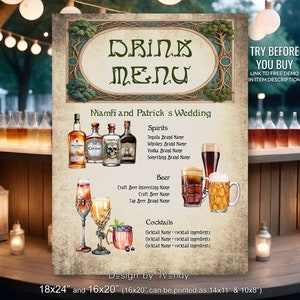 Celtic Fantasy Bar Menu Sign Template. Editable Retro Fantasy Wedding Drink Menu Sign, Lord of the Wedding Party F01