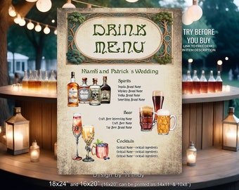 Celtic Fantasy Bar Menu Sign Template. Editable Retro Fantasy Wedding Drink Menu Sign, Lord of the Wedding Party F01