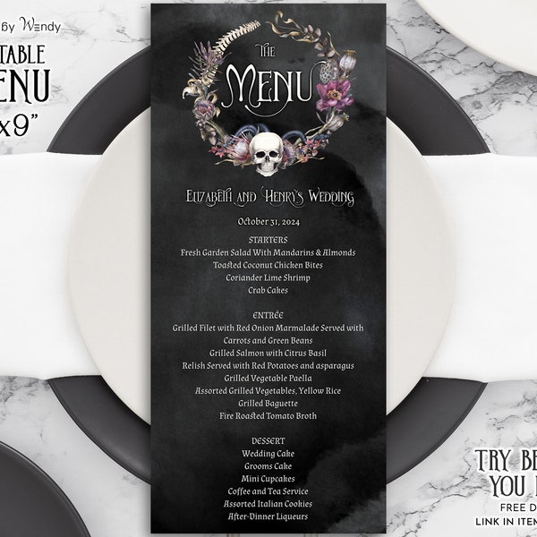 Editable Wedding Dinner Menu Template, Macabre Gothic Wedding Menu Card. Skull Wreath with Snake and Bones G32