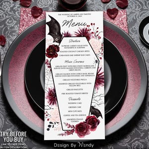 Coffin Wedding Menu Template, Editable Halloween Gothic Wedding Menu Card. Coffin, Roses and Bats Hallowedding Menu. Printable Menu G43