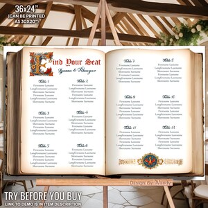 Medieval Wedding Seating Chart Book Template. Illuminated Manuscript Style, Fantasy Geek Wedding Editable Seating Plan, Book Design F04