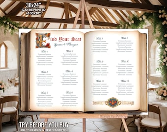 Medieval Wedding Seating Chart Book Template. Illuminated Manuscript Style, Fantasy Geek Wedding Editable Seating Plan, Book Design F04